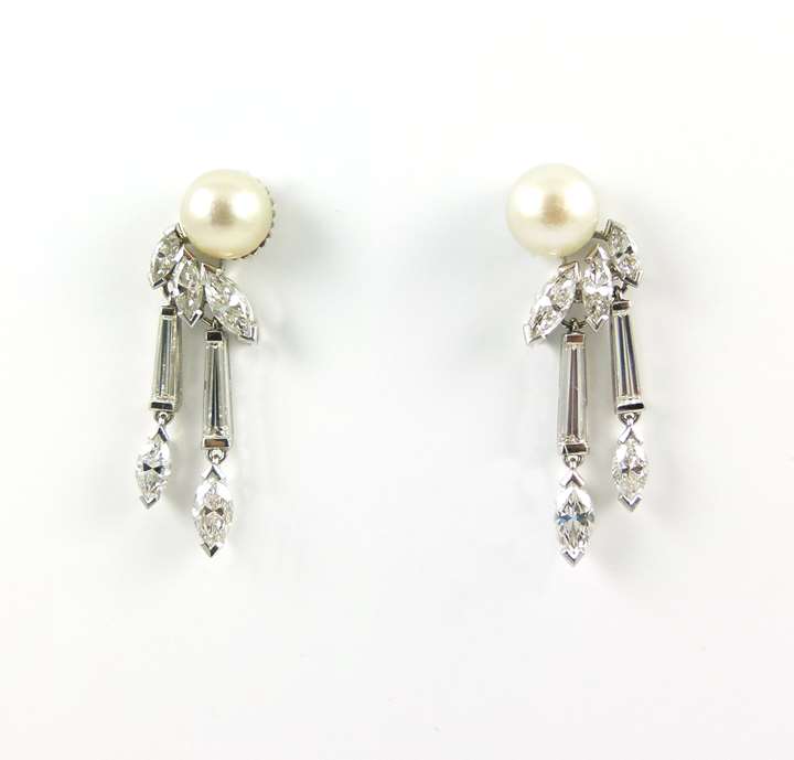 Pair of mid-20th century pearl and marquise diamond earrings